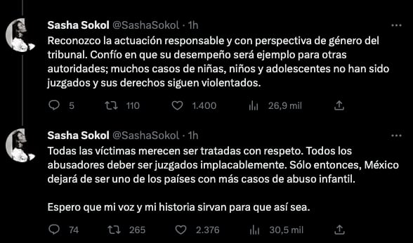 Sasha Sokol espera que su historia ayude a que no se repita el abuso de menores