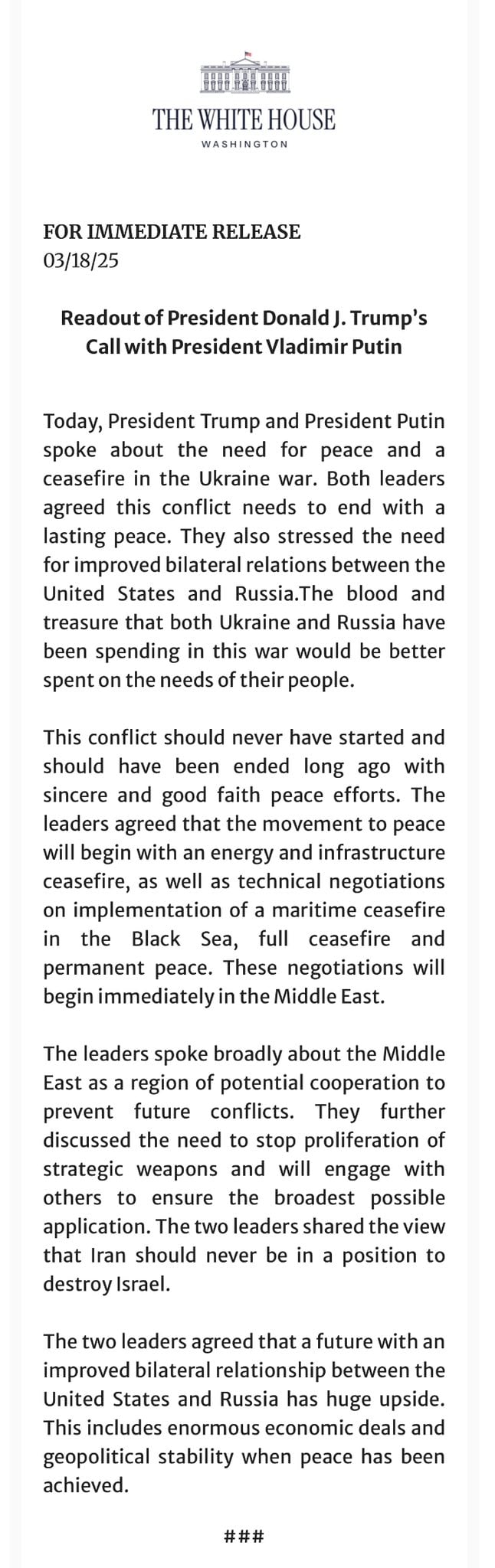 Vladimir Putin y Donald Trump acuerdan alto al fuego por 30 días