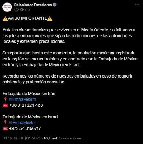SRE sobre mexicanos en Medio Oriente