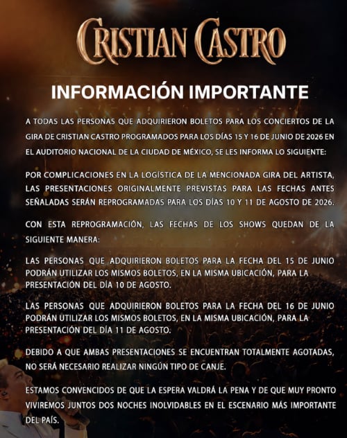 Conciertos de Cristian Castro en Auditorio Nacional cambian de fecha