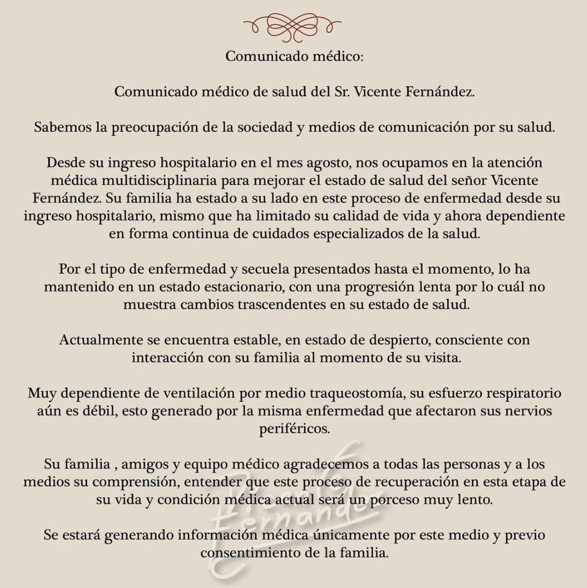 Comunicado sobre salud de Vicente Fernández