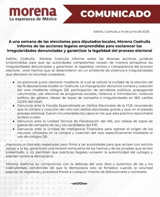 Morena impugna elecciones en Coahuila