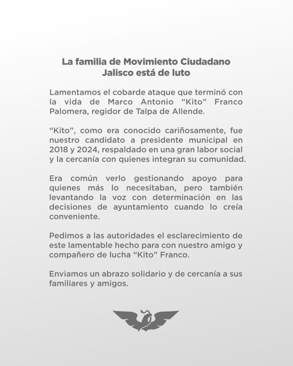 Movimiento Ciudadano condena asesinato de “Kito” Franco en Talpa de Allende