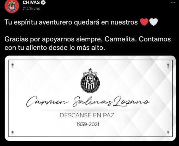 Chivas lamentó la muerte de Carmen Salinas