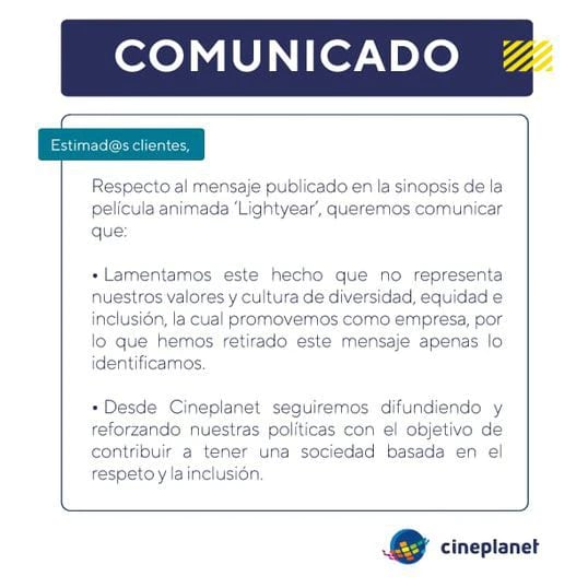 Comunicado Cineplanet para retractarse de su anuncio de Lightyear