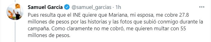 Publicación de Samuel García en Twitter