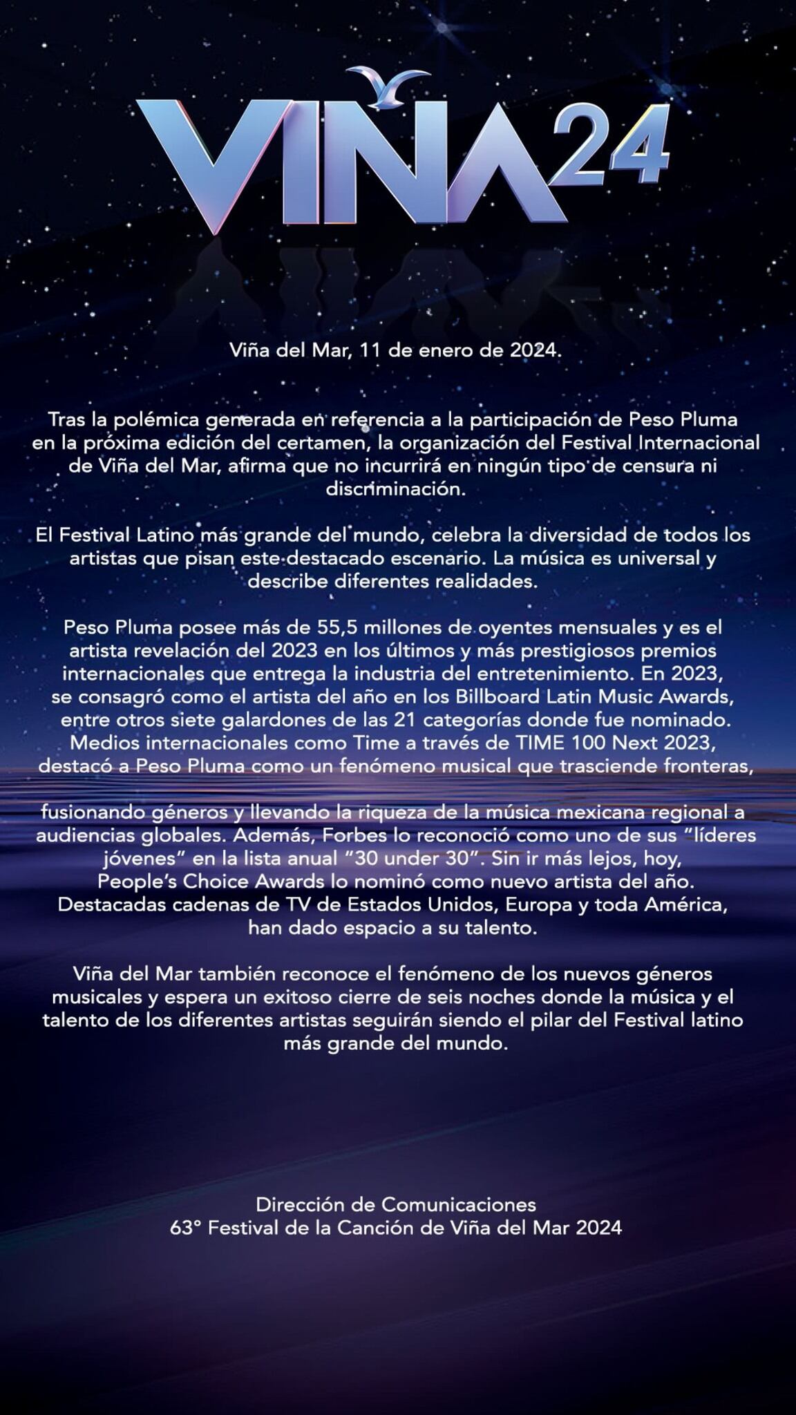 Comunicado: Viña del Mar 2024 confirma participación de Peso Pluma.