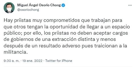 Tuit de Miguel Ángel Osorio Chong