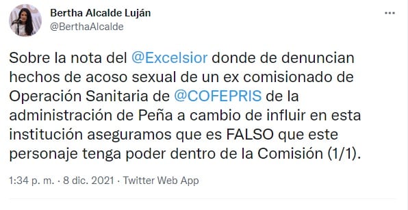 Bertha Alcalde Luján tuit