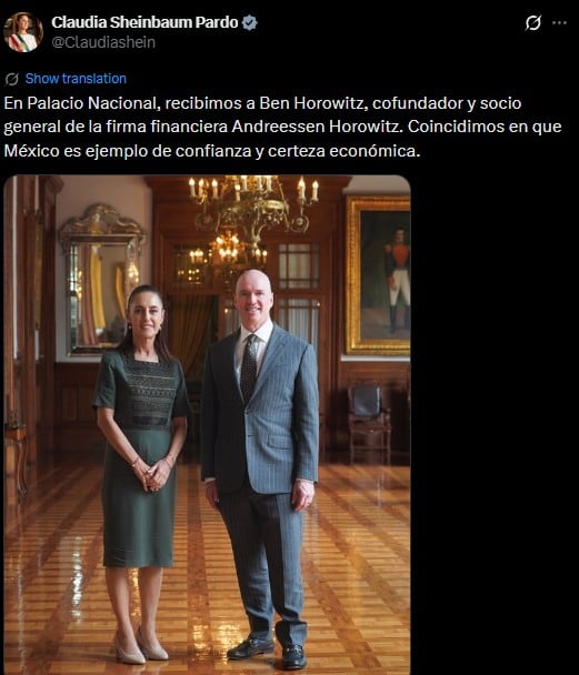 Sheinbaum se reúne con Ben Horowitz, cofundador de Andreessen Horowitz