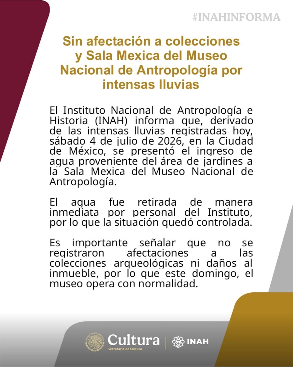INAH descarta daños en el Museo Nacional de Antropología tras lluvias en CDMX