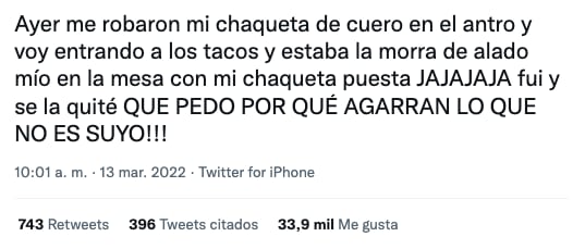 Tuit del robo de la chamarra