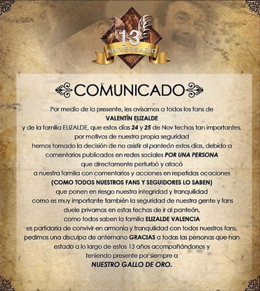 Comunicado de la familia de Valentín Elizalde