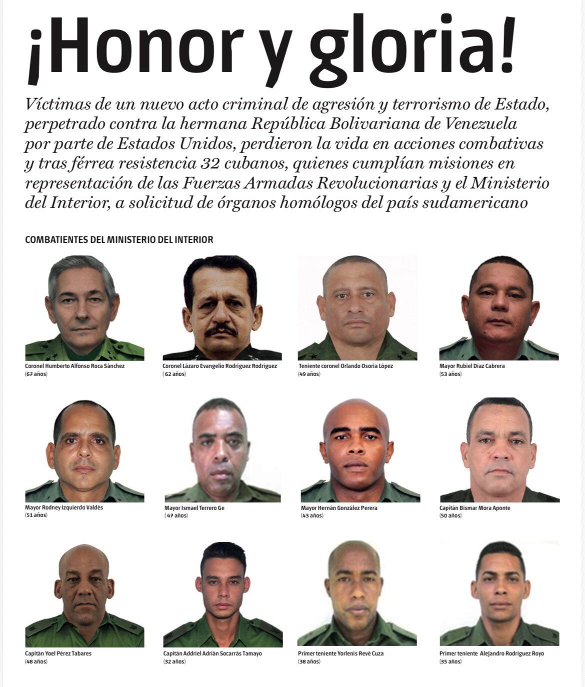 Cuba reporta 32 cubanos muertos tras operativo de Estados Unidos contra Maduro