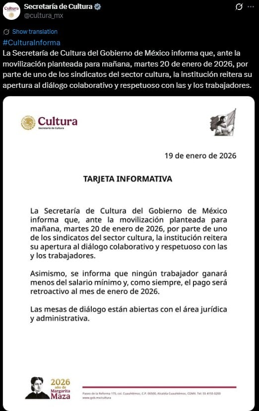 Secretaría de Cultura ofrece diálogo tras anuncio de manifestación sindical
