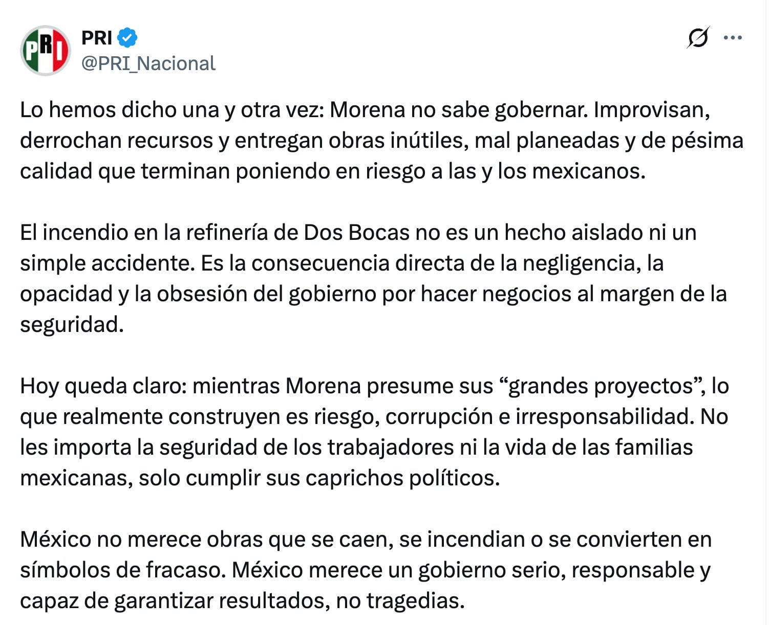 PRI acusa a Morena de negligencia por incendio en refinería Dos Bocas