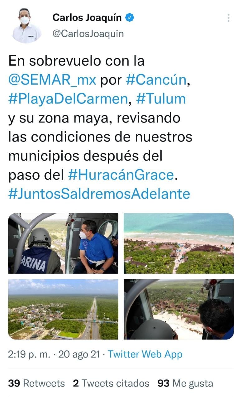 Publicación de Twitter Carlos Joaquín