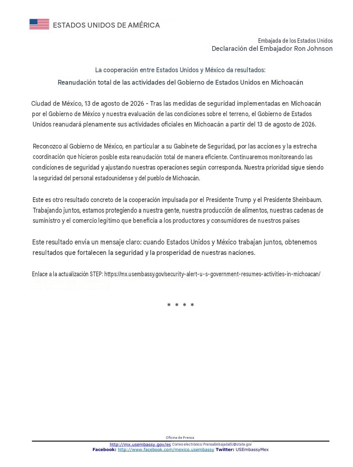 Estados Unidos reconoce avances y reactiva actividades en Michoacán