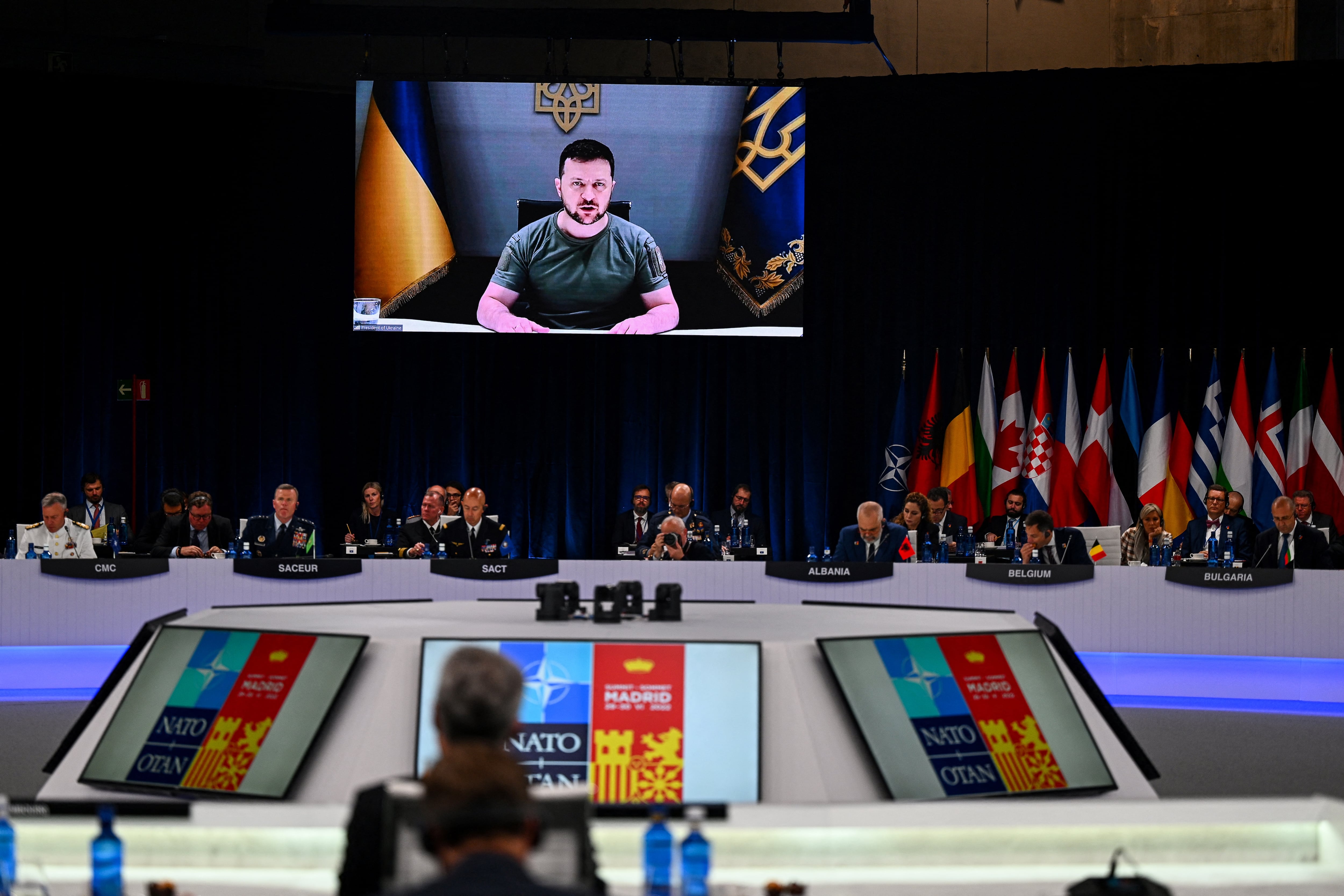 Volodímir Zelenski presidente de Ucrania en videoconferencia en la cumbre de la OTAN, en Madrid, España/AFP