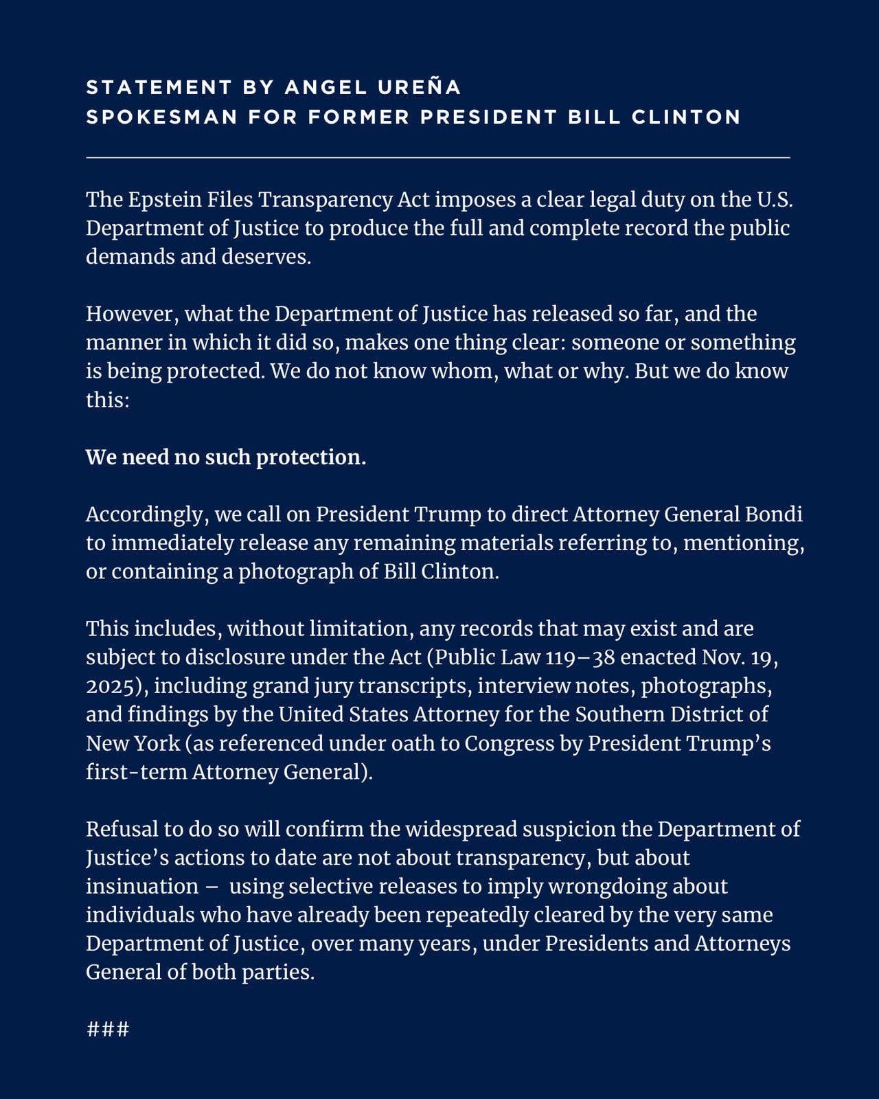 Bill Clinton pide total transparencia a Trump