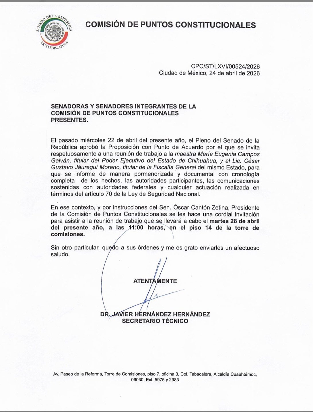 Comisión de Puntos Constitucionales invita a la reunión con Maru Campos.