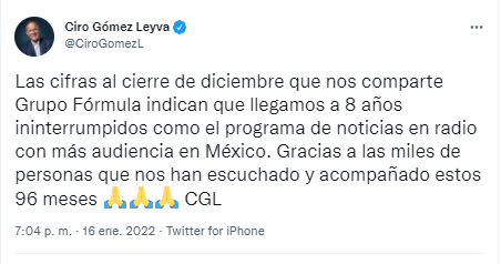 Ciro Gómez Leyva celebra su liderazgo en noticias.