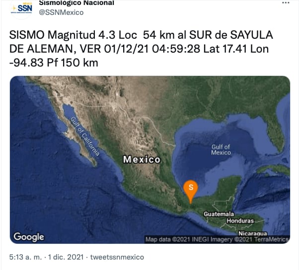 Sismo en Veracruz 4.3 /@SSNMexico