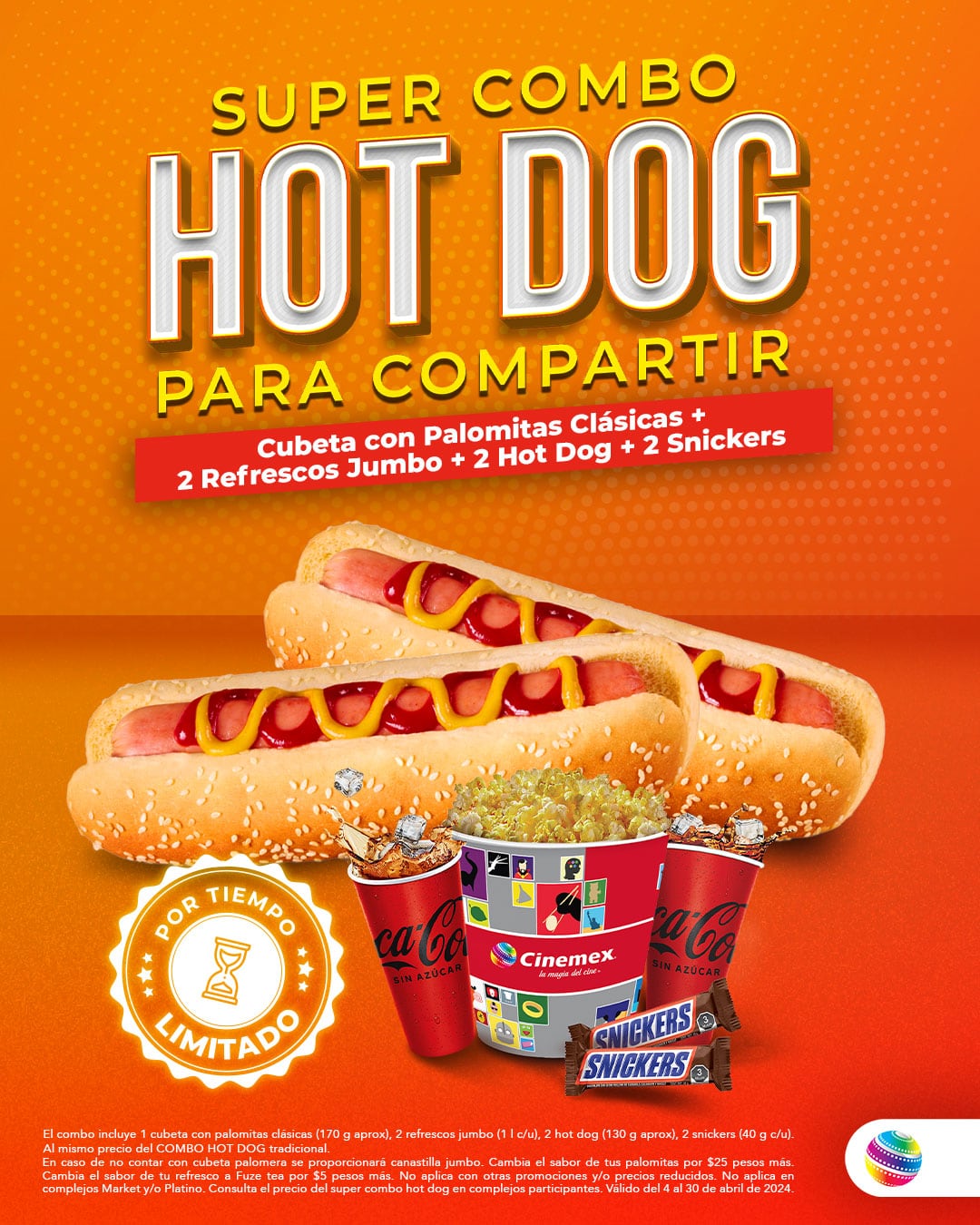 Súper combo Hot Dog en Cinemex