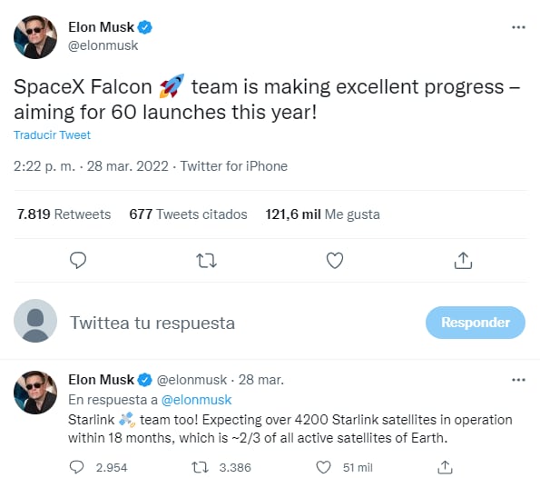 Tweet de Elon Musk anunciando los 60 lanzamientos del cohete Falcon de SpaceX