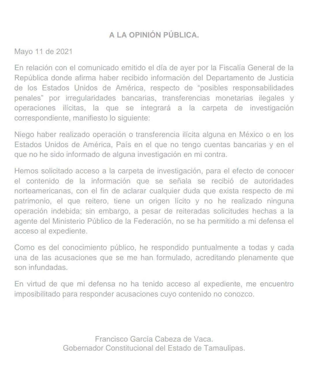 Comunicado de Francisco García Cabeza de Vaca