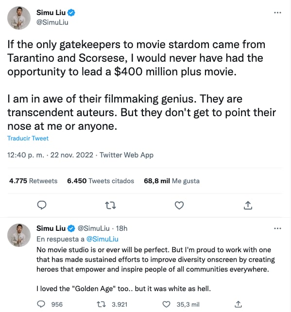 Simu Liu, actor de Chang-Chi de Marvel, responde a Tarantino y a Scorsese