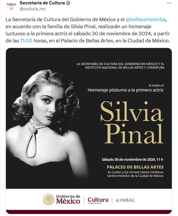 Secretaría de Cultura del Gobierno confirma homenaje a Silvia Pinal
