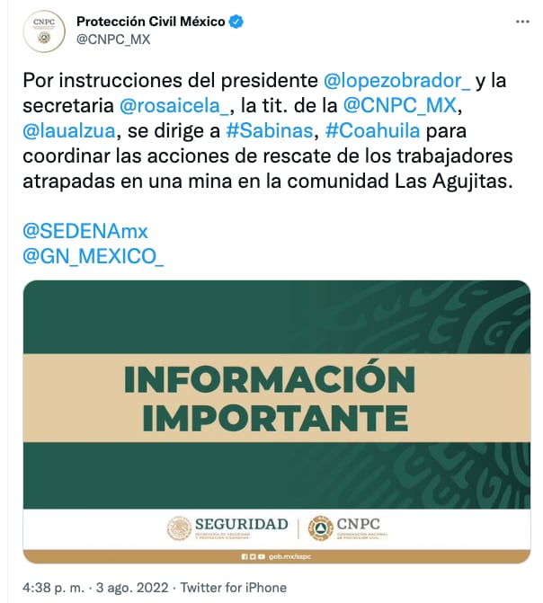 AMLO ordena a Protección Civil federal coordinar rescate de 10 mineros atrapados