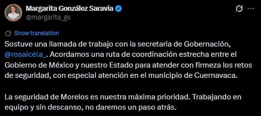 Margarita González y Rosa Icela Rodríguez acuerdan reforzar la seguridad en Cuernavaca tras asesinatos