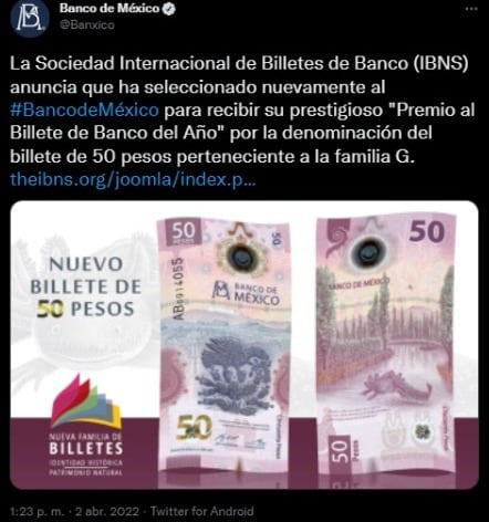 Billete de 50 pesos gana el Premio al Billete de Banco del Año