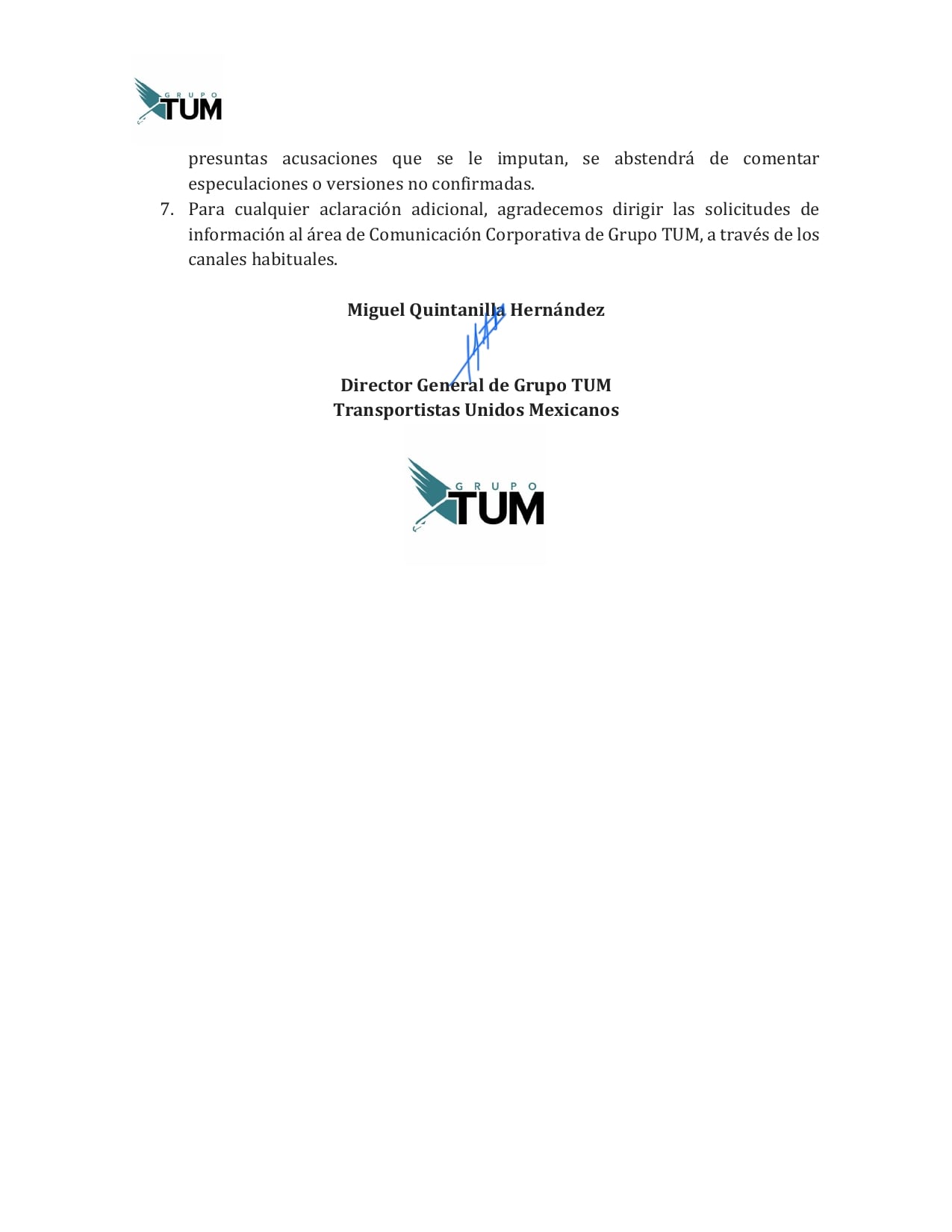 Grupo TUM asegura que sus servicios logísticos operan con normalidad