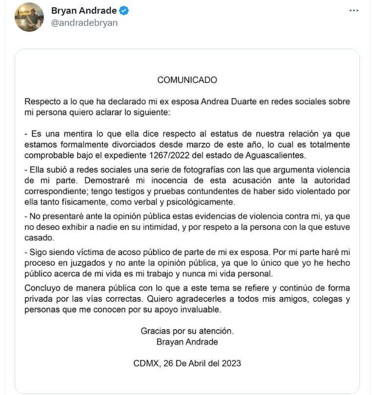 Comunicado de Bryan Andrade