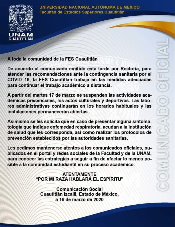 FES Cuautitlán comunicado.