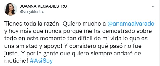 Joanna Vega-Biestro; Ana María Alvarado es muy su amiga, por eso la defiende.