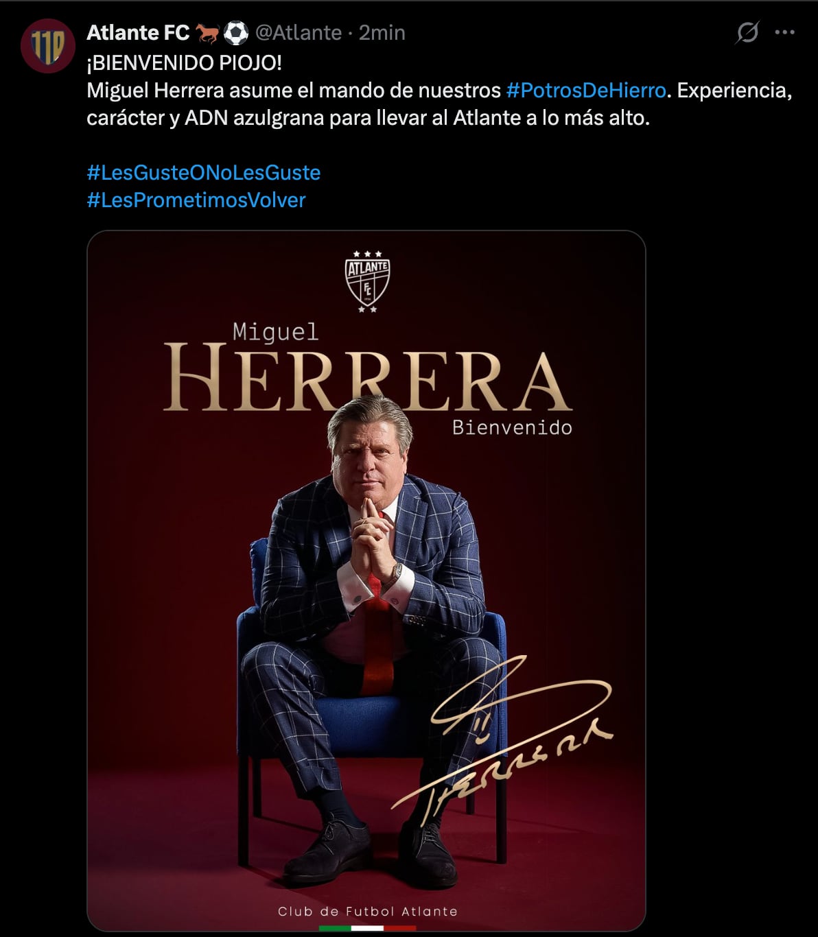 Atlante presenta a Miguel Herrera como DT para el Apertura 2026