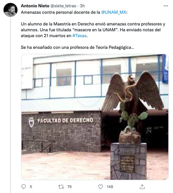 Redes sociales denuncian que un estudiante de maestría de la UNAM envió amenazas hacia profesores y alumnos.