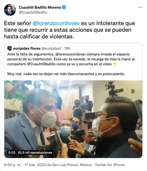 diputado de Morena acusa a Lorenzo Córdova de intolerante/Twitter