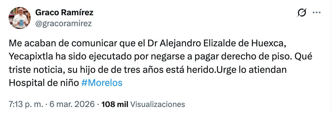 Graco Ramírez denuncia asesinato por cobro de piso en Yecapixtla