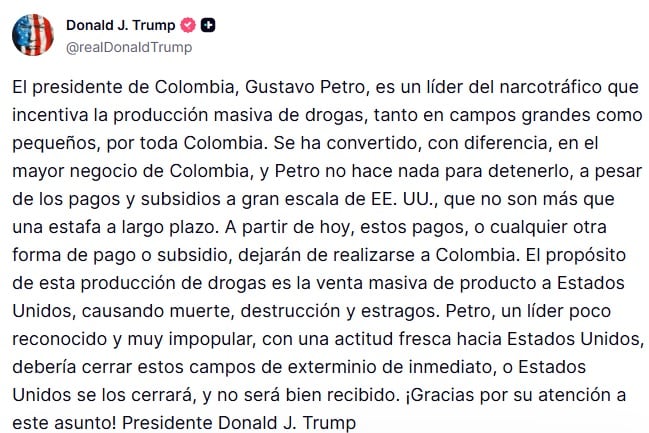 Donald Trump llama "líder del narcotráfico" a Gustavo Petro, presidente de Colombia.