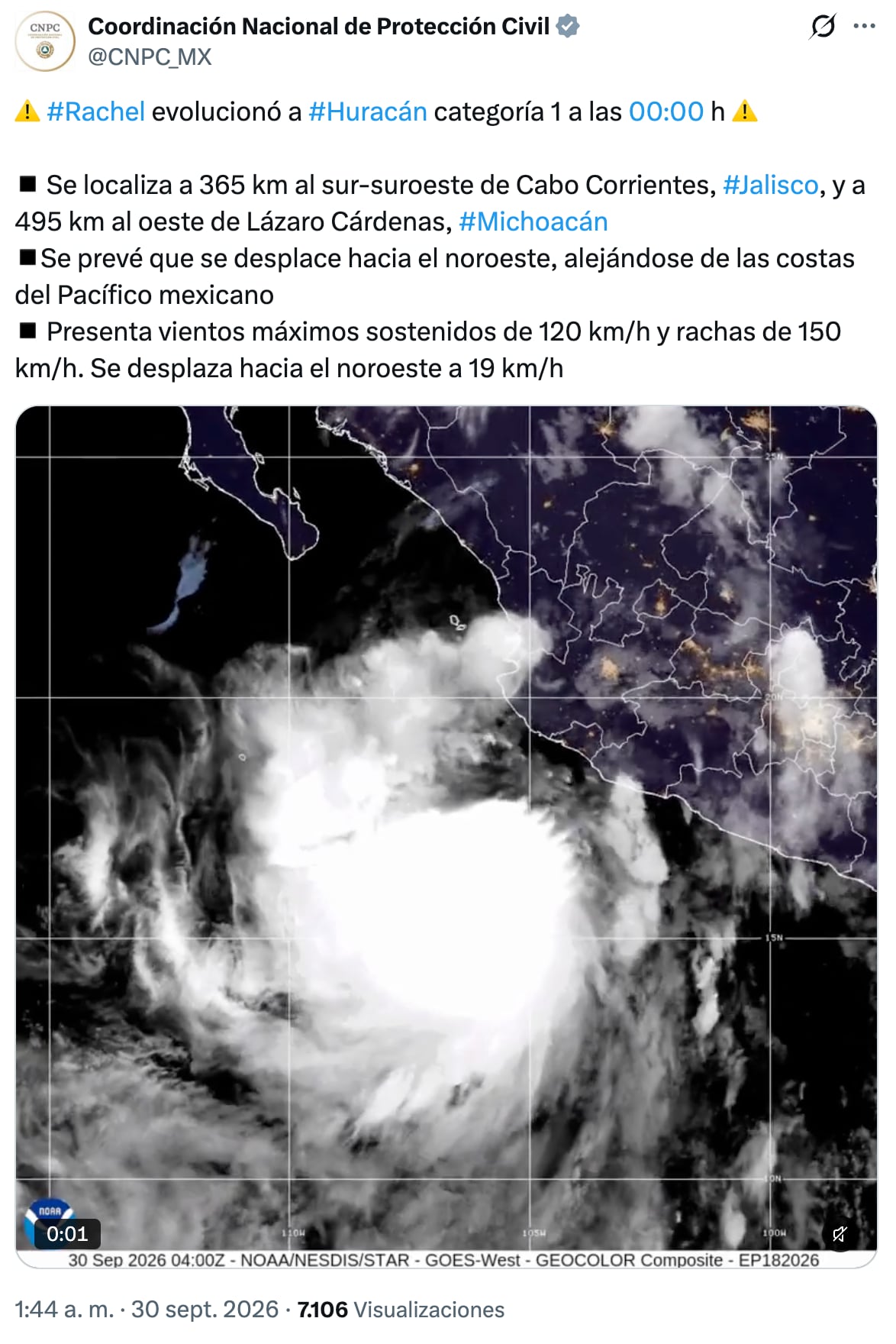 Rachel evoluciona a huracán categoría 1, según informó la CNPC