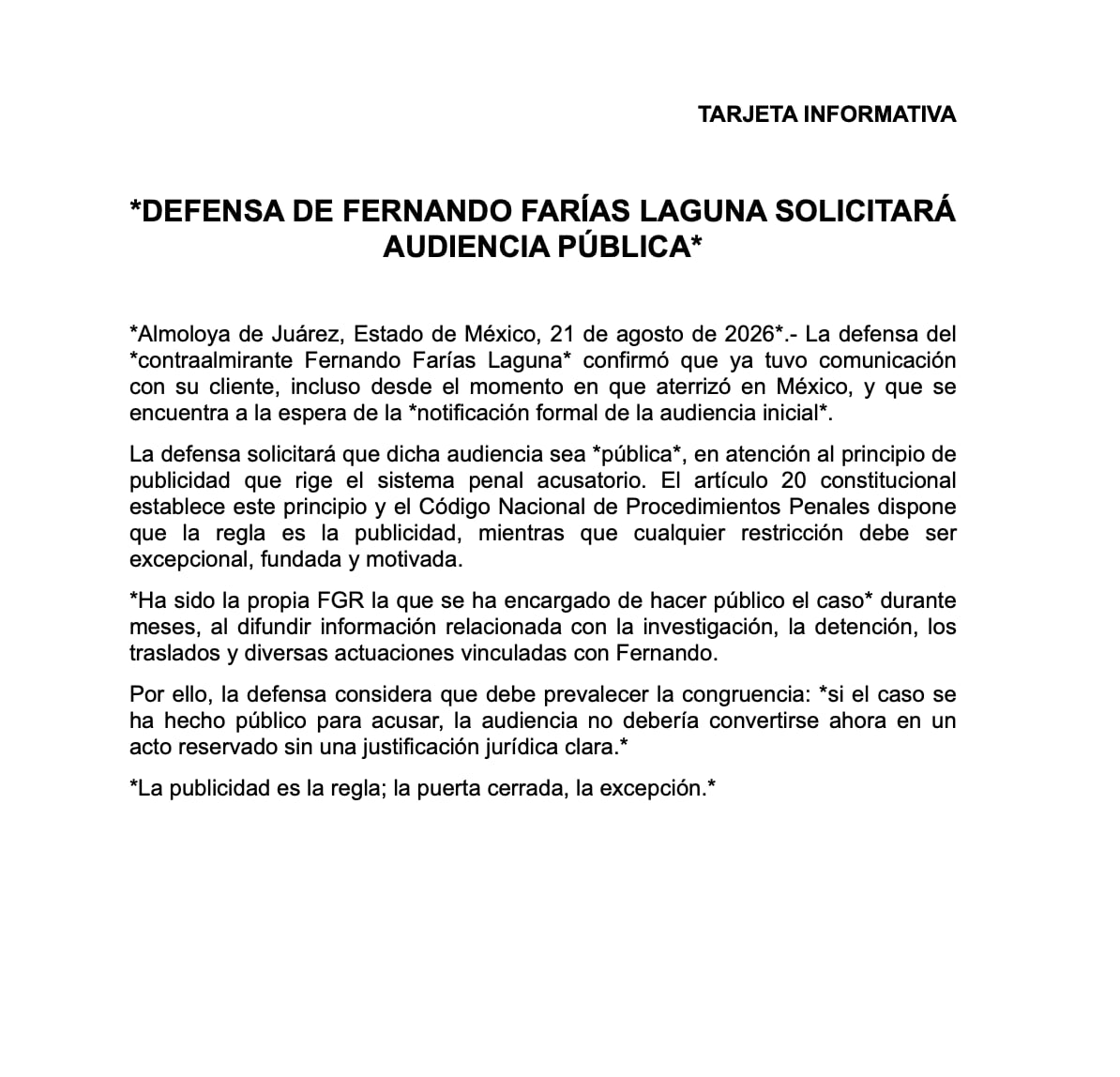 Defensa de Fernando Farías Laguna pide audiencia pública