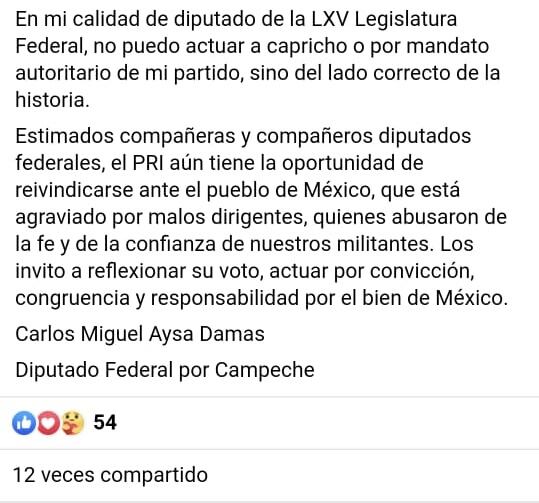 Carlos Miguel Aysa Damas a favor de la reforma eléctrica/Facebook
