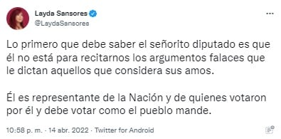 Tuit de Layda Sansores