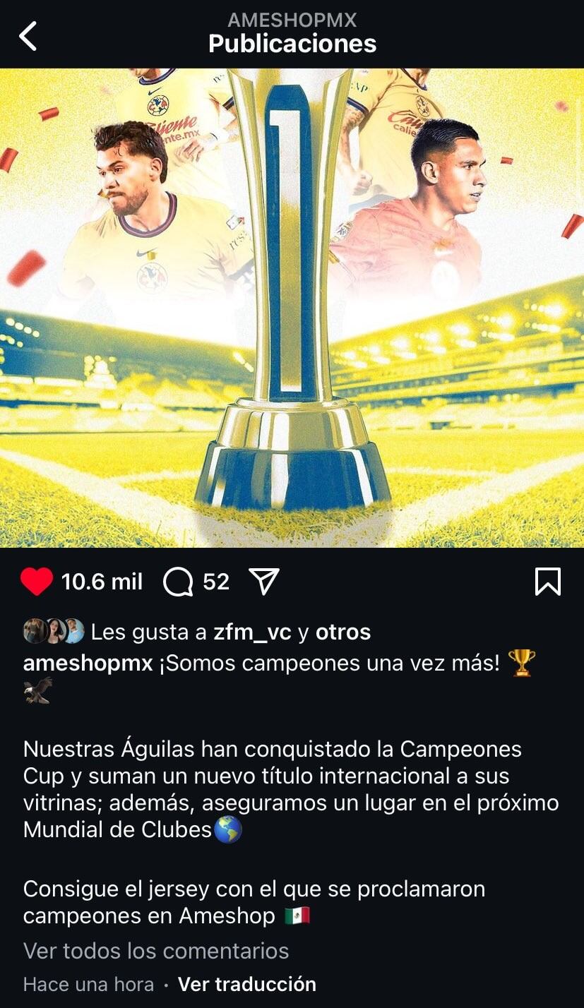 Publicación de la tienda del Club América