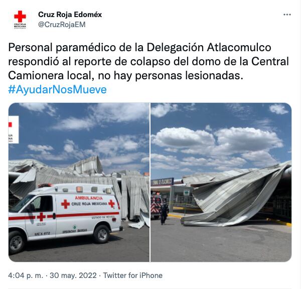 Cruz Roja sobre caída del techo de la terminal de autobuses de Atlacomulco